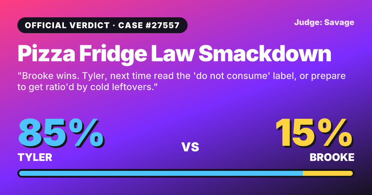 Example verdict: Tyler 85% at fault for eating Brooke's pizza